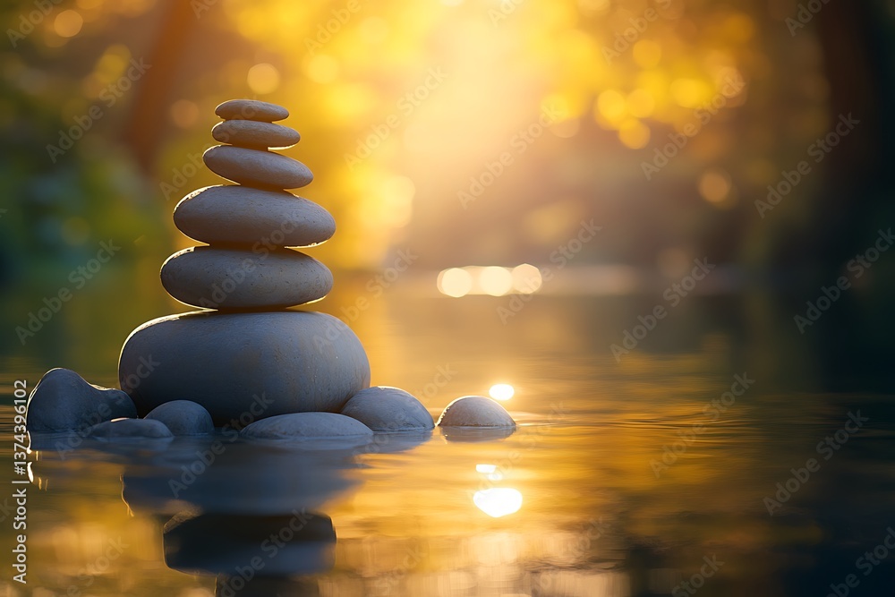 Obraz premium Zen Rock Stack by Tranquil River – Serene Nature & Balanced Stones in Golden Sunlight