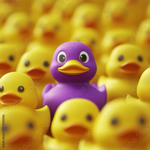 Anatra giocattolo viola unica tra tante gialle. Concetto del distinguersi dalla massa,  di individualità e concetto di differenza.  photo