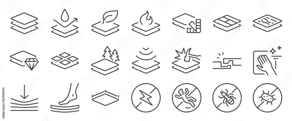Fototapeta premium floor-flooring-benefitFloor icon set. It includes flooring, material, feature, wood, vinyl, and more icons. Editable Vector Stroke.