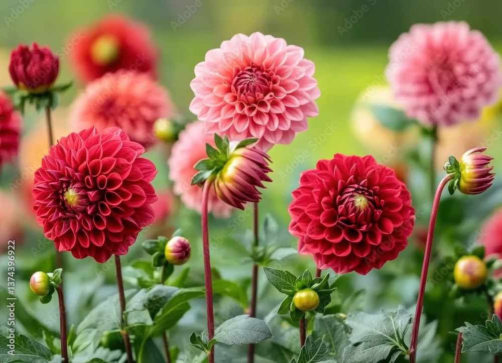 Vibrant dahlia flowers blooming in garden creating enchanting floral scene Vibrant dahlia flowers blooming in garden creating enchanting floral scene