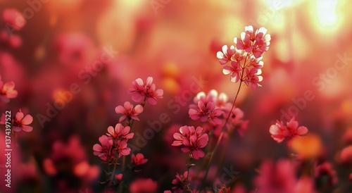 Colorful Flowers Basking in Golden Sunlight During a Serene Morning in a Lush...
