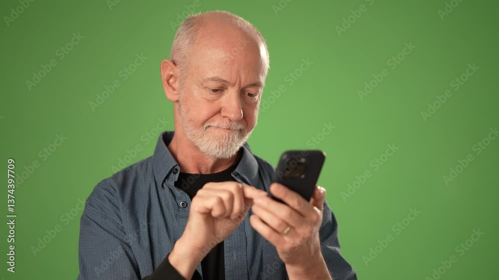 Mature man expresses anger and frustration while using his smartphone, isolated on a solid green screen background for announcements or promotions. Mature man expresses anger and frustration while using his smartphone, isolated on a solid green screen background for announcements or promotions.
