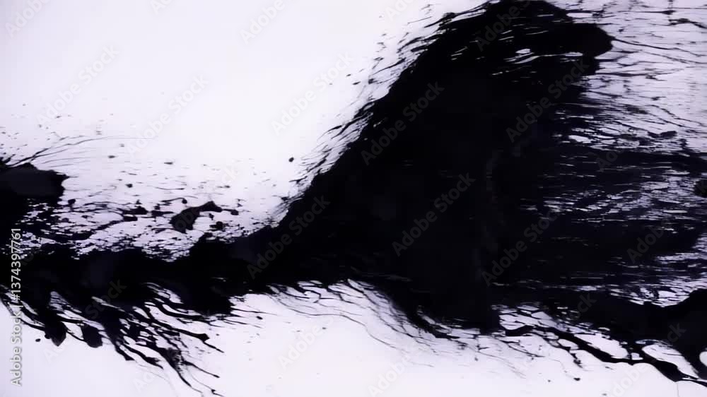 Dynamic patterns emerge as black ink flows across a white canvas, showcasing an artistic exploration of fluid movement and texture. This captivating display highlights creativity in motion
