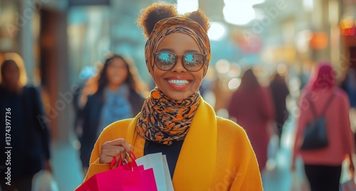 Smiling Woman Carrying Shopping Bags in a Vibrant City During Sunset Hours