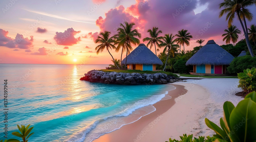 Realistic image of a tropical beach with bungalows and palm trees under the sunset rays, creating an atmosphere of seclusion and tranquility. Concept of exotic retreat in harmony with nature. Realistic image of a tropical beach with bungalows and palm trees under the sunset rays, creating an atmosphere of seclusion and tranquility. Concept of exotic retreat in harmony with nature.