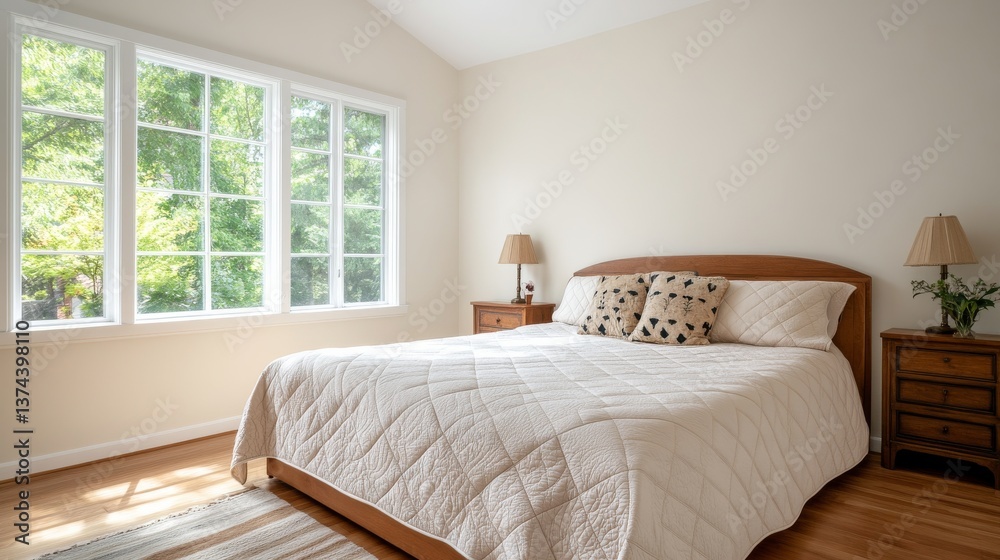 Fototapeta premium Country-style bedroom with warm quilted bedding, antique nightstands, and large windows