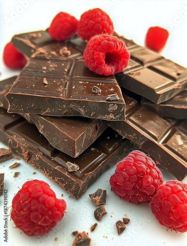 Rich Dark Chocolate Bars Stacked Beside Fresh Raspberries on a Light Background