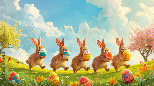 Easter bunnies carrying colorful eggs in vibrant landscape