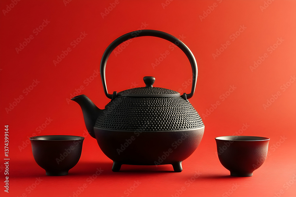 Traditional tea ceremony setup featuring a black cast iron teapot and cups against a rich red background Traditional tea ceremony setup featuring a black cast iron teapot and cups against a rich red background