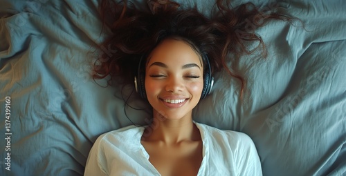 Young Woman Relaxing on Bed With Headphones, Enjoying Music and Smiling Brightly