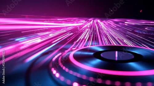 Neon DJ Decks and Lights Show Motion Picture. Vibrant night club scene with turn tables and light beams footage. Pink blue dance party visual clip effect for VJ loops.