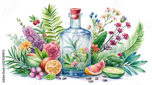 Watercolor Gin Bottle Botanicals, Isolated