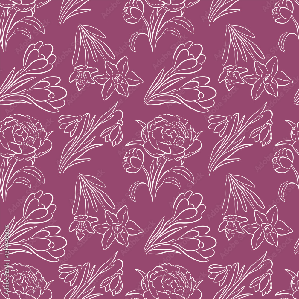 Seamless pattern with spring flower tulip, peony, daffodil and crocus in hand drawn style. Simple floral design for fabric, wrapping paper, print on a pink background.