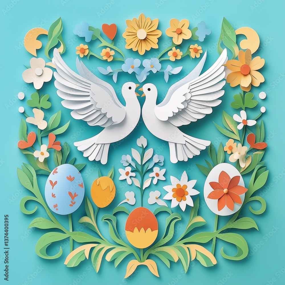 Obraz premium Paper cut style Easter doves and floral decorations with colorful eggs on blue background