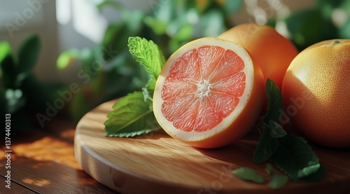 Grapefruit and Fresh Mint on a Wooden Board in Soft Sunlight