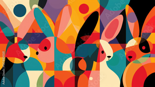 Colorful abstract rabbits in geometric shapes and patterns