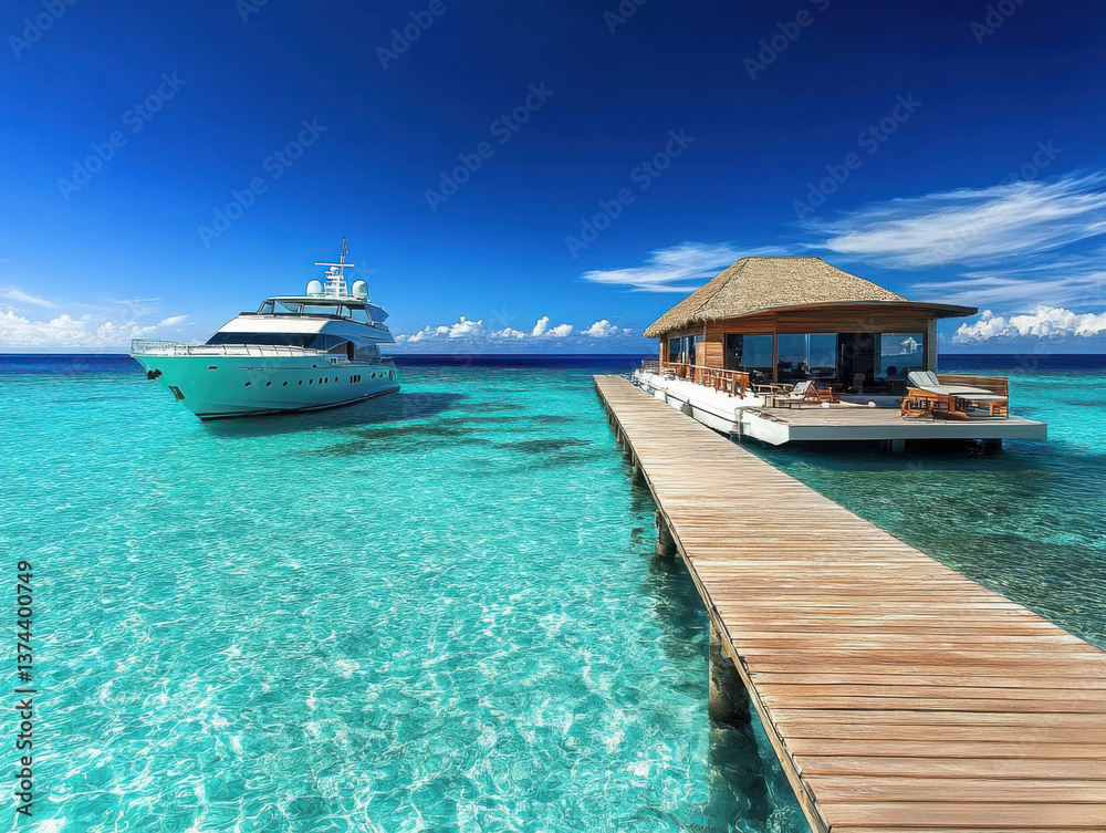 Fototapeta premium beautiful and charming tropical island, with clear and deep blue sea water, white and fine sandy beaches, and a wooden dock leading to the floating cabins. A luxurious yacht is moored near the dock.