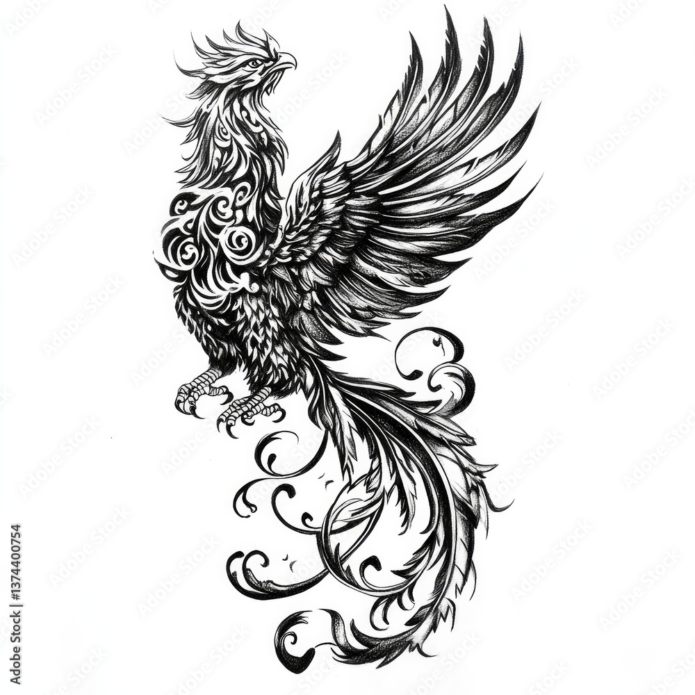 Fototapeta premium bird, phoenix, tattoo style, eagle, vector, tattoo, illustration, wings, wing, animal, feather, angel, design, silhouette, art, black, flying, symbol, drawing, nature, head, wild, fly, wildlife, triba