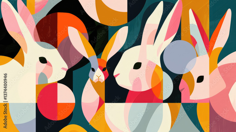Naklejka premium Colorful abstract rabbits in geometric shapes and patterns