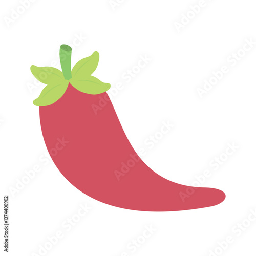 Illustration of a red chili pepper with a green stem and leaves, representing a spicy ingredient for cooking, a vegetable, fresh produce from the garden or farm