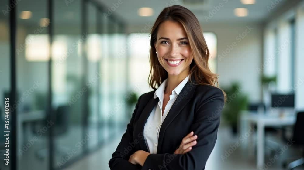 Confident Businesswoman Smiling in Modern Office Environment, displaying leadership and success Confident Businesswoman Smiling in Modern Office Environment, displaying leadership and success
