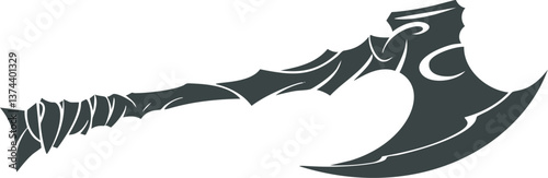 Ornate black silhouette of a fantasy battle axe design with intricate patterns. Vector illustration