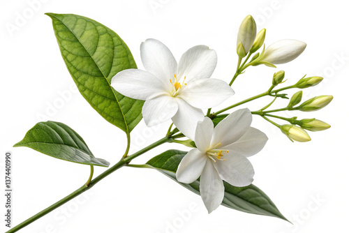 A botanical close-up featuring white jasmine flowers, green leaves, and buds, isolated against a pristine white backdrop.