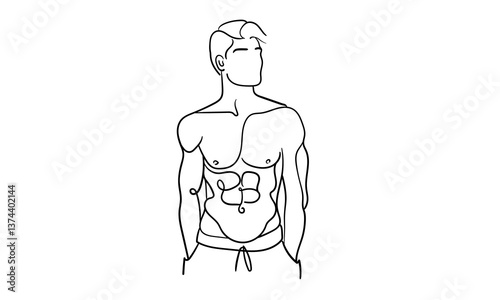 Sport man narcissist, admires himself on white background. Sport guy model line art drawing. Vector illustration