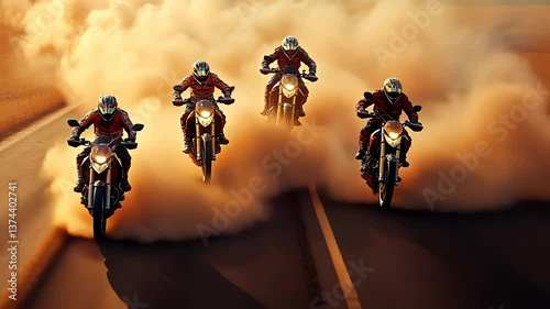 Four men riding motorbikes through the desert sand in a race with dust trails in a sports competition adventure motion picture footage