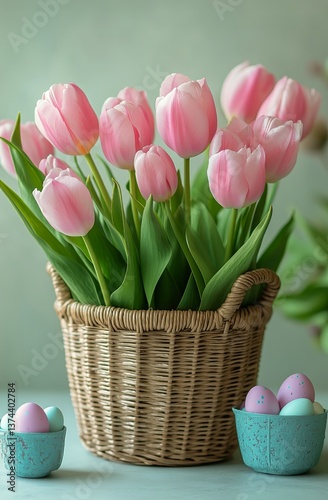 Colorful Tulips in a Woven Basket With Decorative Easter Eggs for Spring Cele...