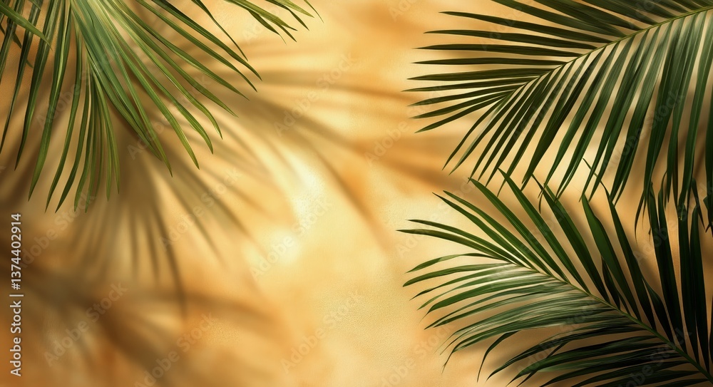 Obraz premium Palm Leaves Frame a Warm Golden Background During Sunset in a Tropical Paradise