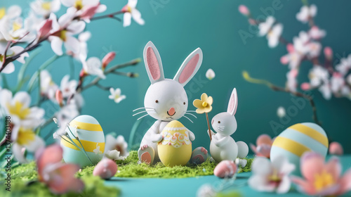 Cute bunnies with colorful eggs in spring setting