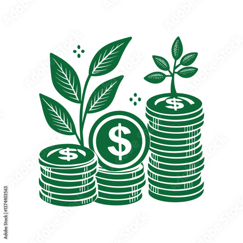 Hand Drawn Vector Black and White Illustration Stacks of Coins with Money Plant Symbolizing Financial Growth 