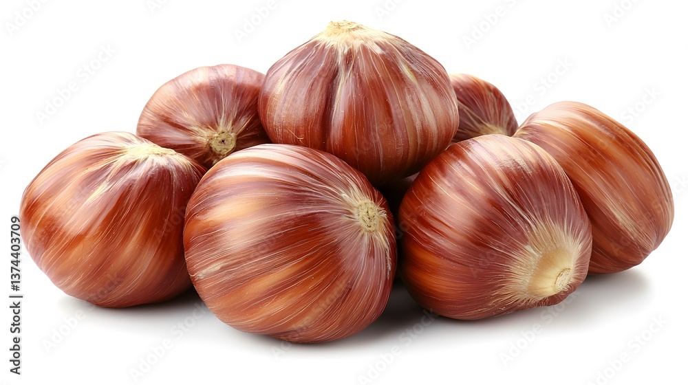 Pile of hazelnuts against a white background, for illustrating healthy eating or snack options Pile of hazelnuts against a white background, for illustrating healthy eating or snack options