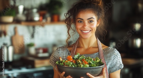 Smiling Woman Holds a Fresh Salad Bowl in Modern Kitchen During Daytime