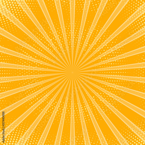 Vector yellow abstract ray background. Light of sunburst. Yellow starburst with halftone. Sun gold sky ray texture. Flash star burst.