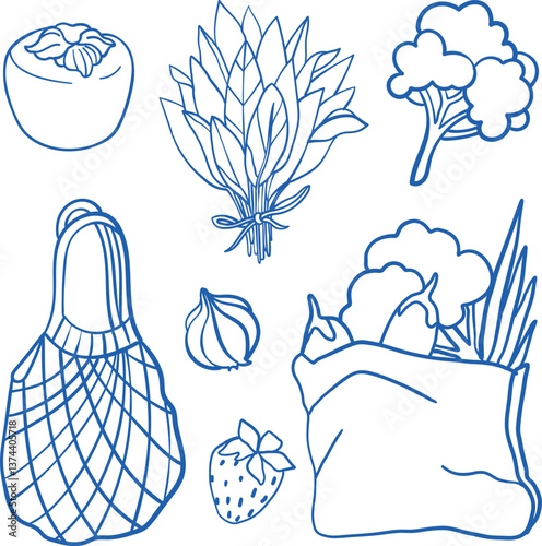 Vector drawing of farmers market products such as vegetables, string bag, broccoli, herbs, garlic and other