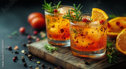 Refreshing Citrus Cocktails Served With Rosemary on a Wooden Board in a Vibra...