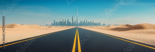 Highway to Dubai Skyline – Futuristic Cityscape in Desert Landscape