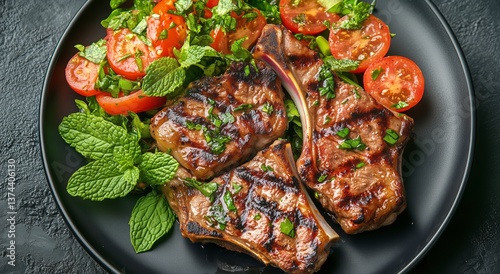 Grilled Meat Served With Fresh Salad and Herbs on a Black Plate