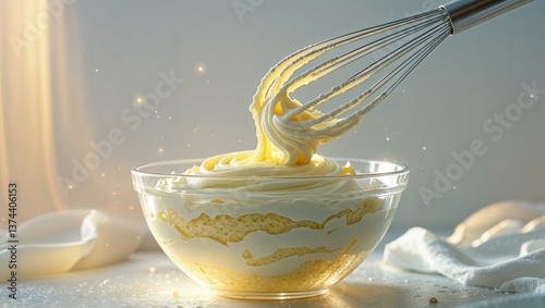 Creamy Cake Batter Mixing With Whisk In Glass Bowl.