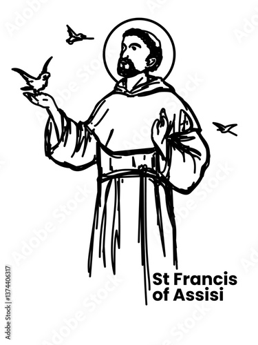 Saint Francis of Assisi Illustration Outline lineart Hand Drawn Black and White Doddle Vector Illustration