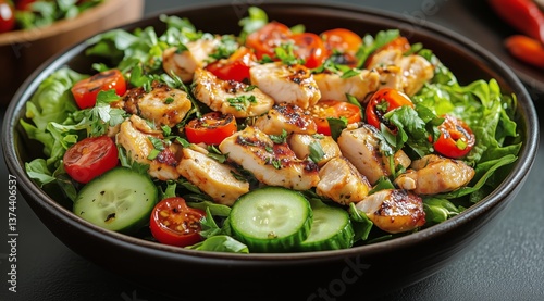 Fresh Grilled Chicken Salad With Vegetables Served in a Bowl During a Sunny Day