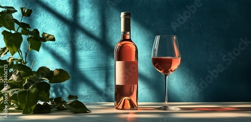 Elegant Display of Rose Wine and Glass With Green Leaves on a Blue Background During Bright Daylight