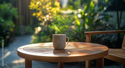 Coffee on a Table Surrounded by Greenery in a Serene Garden Location During M...