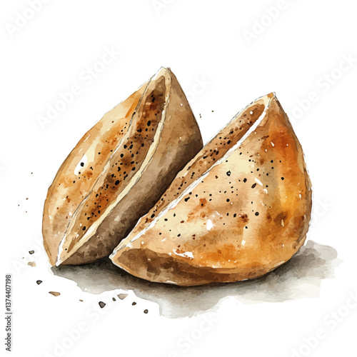 A watercolor of Zaatar Manakish, isolated on a white background. Zaatar Manakish vector.

