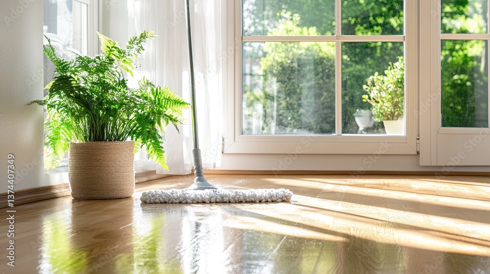 Fototapeta premium Sunlit Room with Mop and Houseplant on Gleaming Wooden Floor