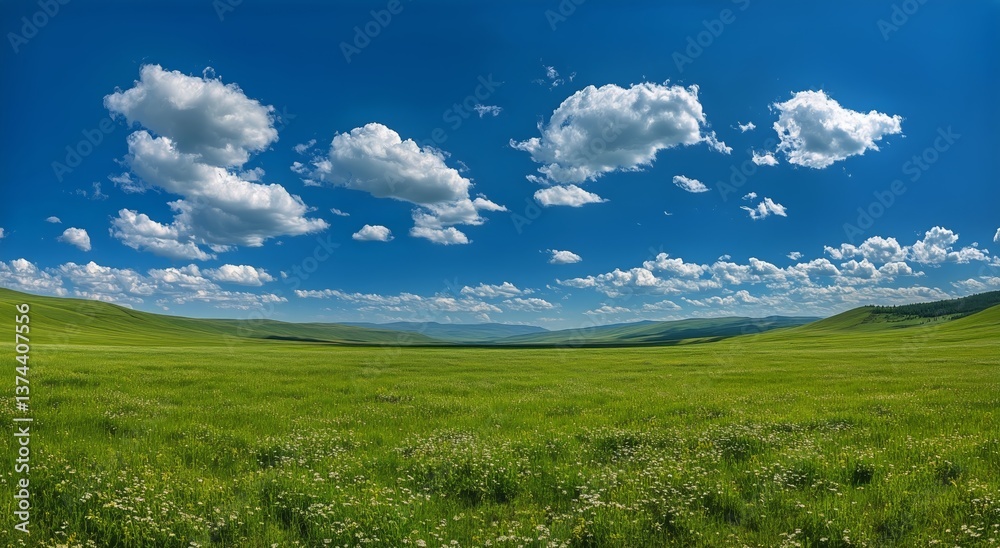 Fototapeta premium Vast Green Meadow Under Bright Blue Sky With Fluffy Clouds in a Serene Landscape