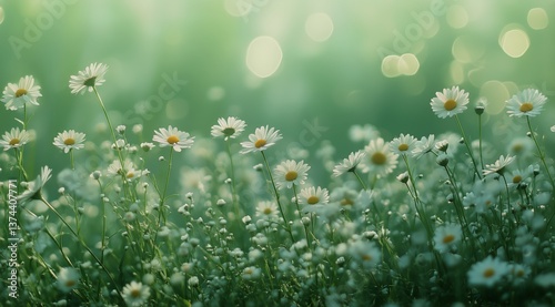 Daisies Bloom in a Lush Green Meadow Under Soft Sunlight Creating a Serene At...