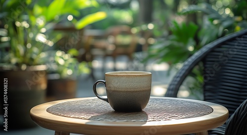 Coffee on a Table Surrounded by Greenery in a Serene Garden Location During M...